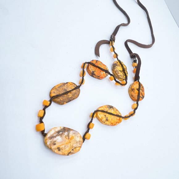 Adjustable Brown Suede Necklace With Precious Stones & Beads Orange Brown - Picture 6 of 7